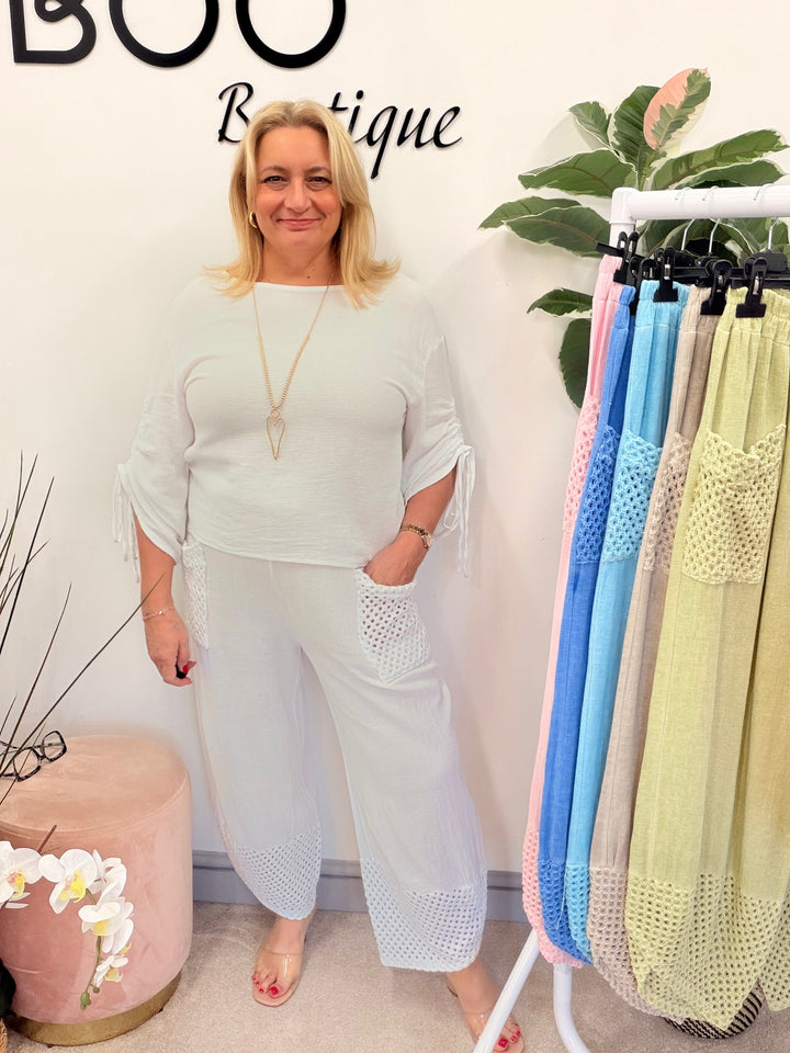 Ladies Crochet Pocket Harem Teabag Linen Trousers  white