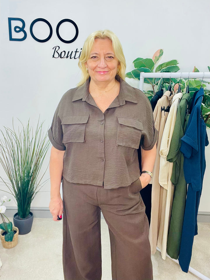 LADIES WIDE LEG TROUSER, CARGO TOP CO ORD SET - KHAKI, BLACK, BROWN, NAVY, CREAM, BEIGE