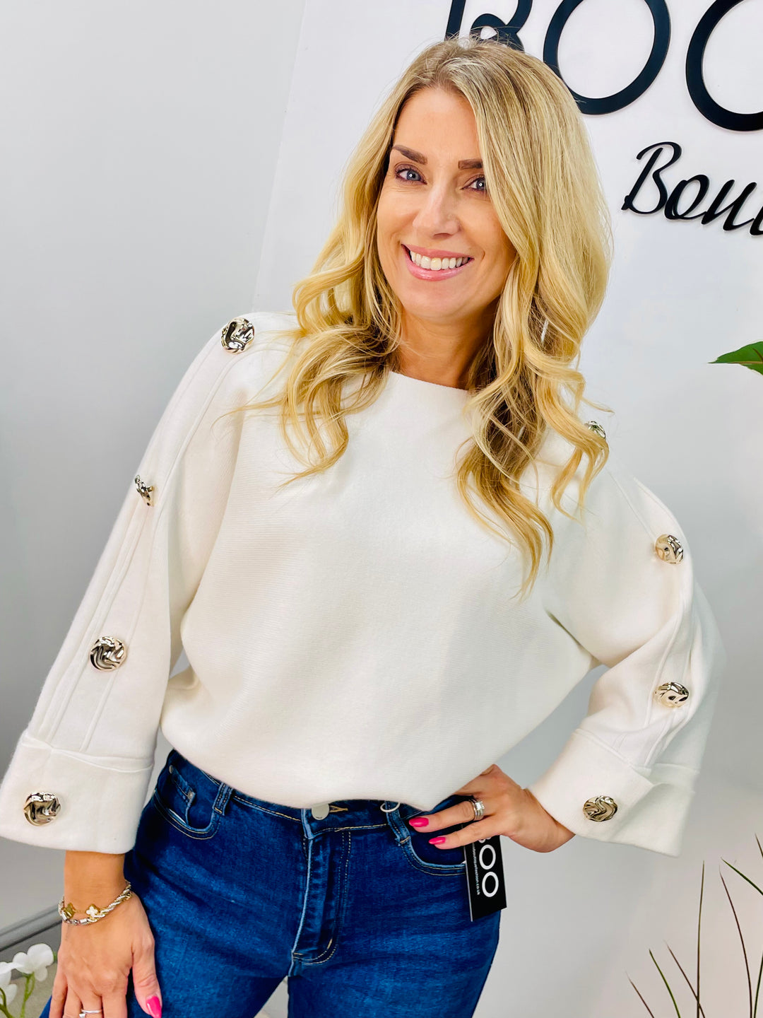 LADIES THICK KNIT GOLD BUTTON JUMPER - WHITE, BEIGE, BROWN & BLACK