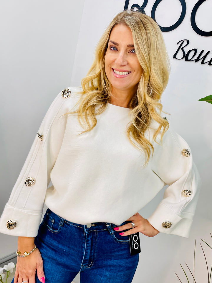 LADIES THICK KNIT GOLD BUTTON JUMPER - WHITE, BEIGE, BROWN & BLACK