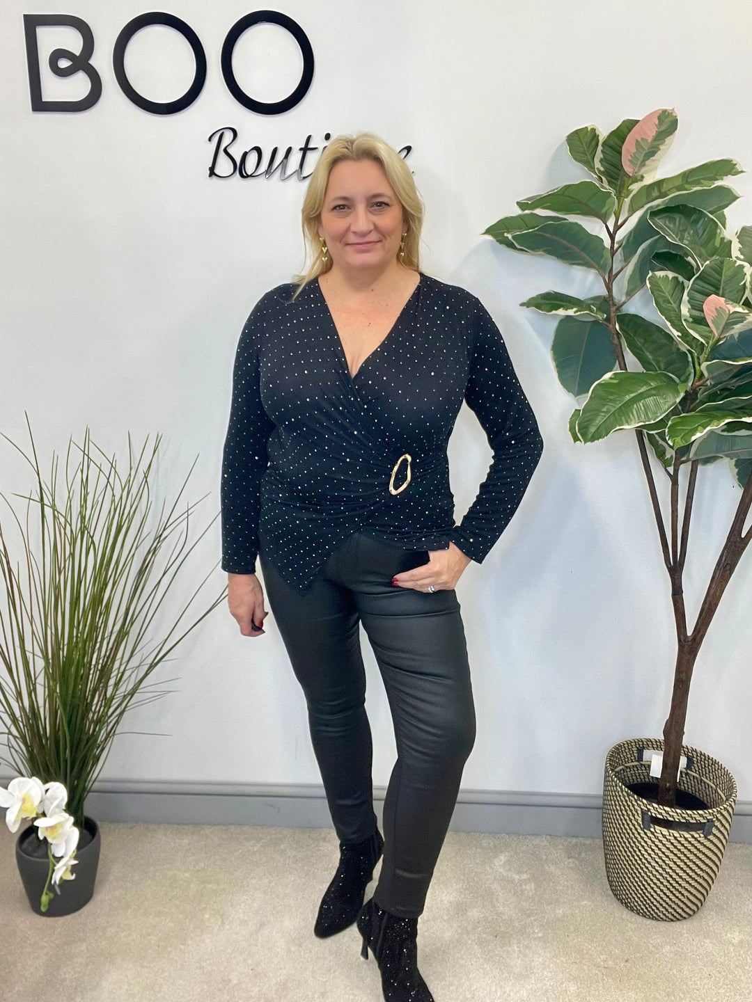 LADIES LUREX WRAP STYLE TOP - BLACK, SILVER, RED