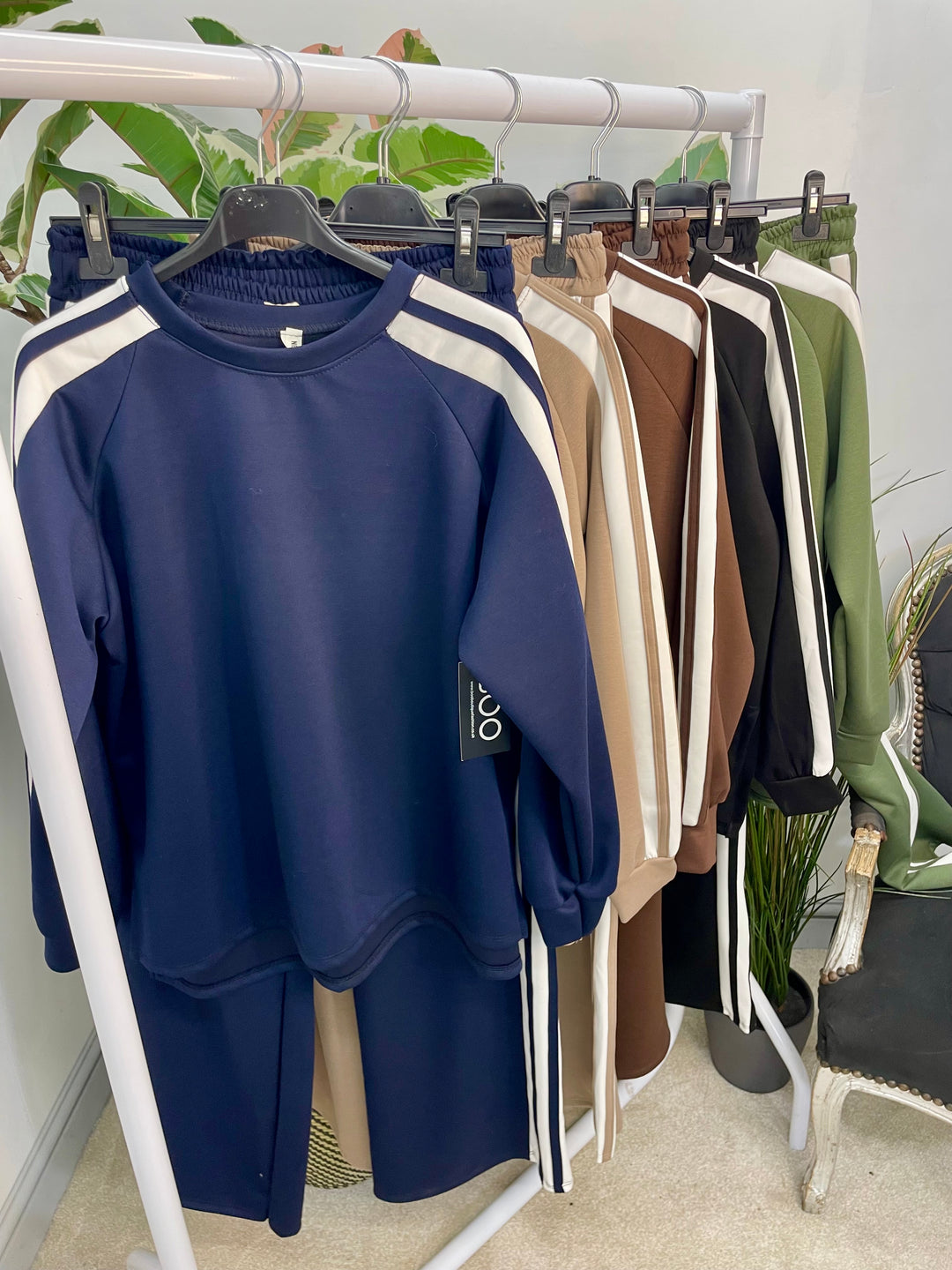 LADIES SPORTS LUXE STRIPE TROUSER CO ORD SET - BLACK, NAVY, KHAKI, MOCHA, BROWN