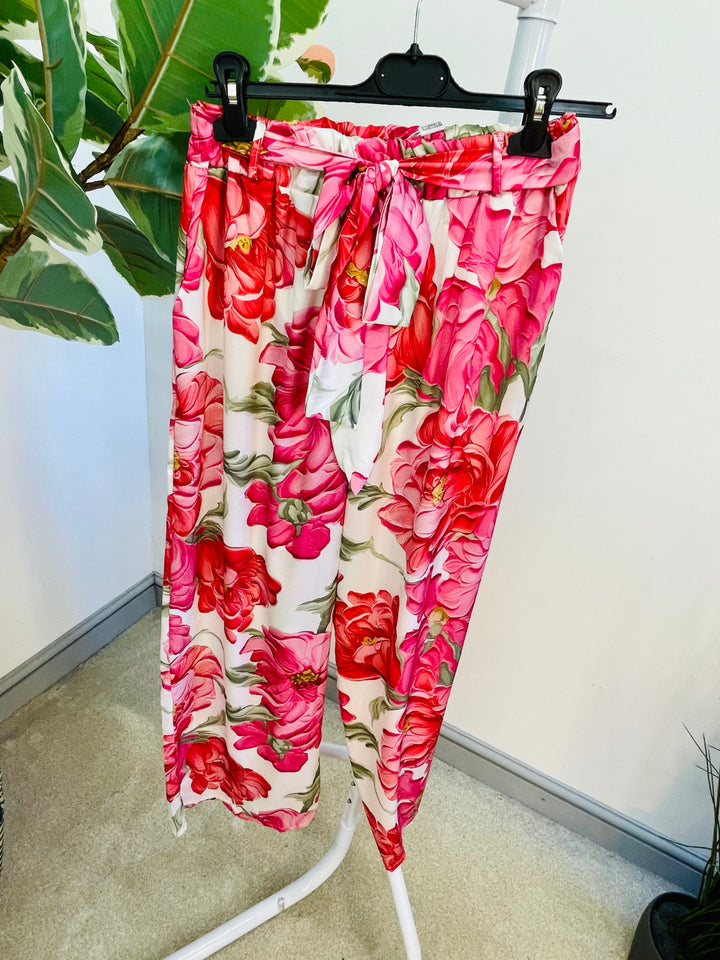LADIES FLORA PRINT SATIN WIDE LEG PALAZZO TROUSERS - PINK, NAVY, GREEN, BLACK, YELLOW