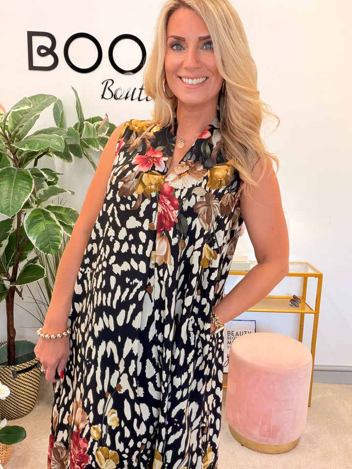 Ladies Animal Print Summer Maxi Dress - Black, White