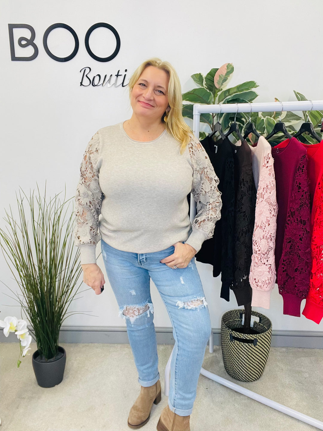 LADIES LACE SLEEVE JUMPER - BLACK, PINK, RED, BERRY,  BROWN & BEIGE