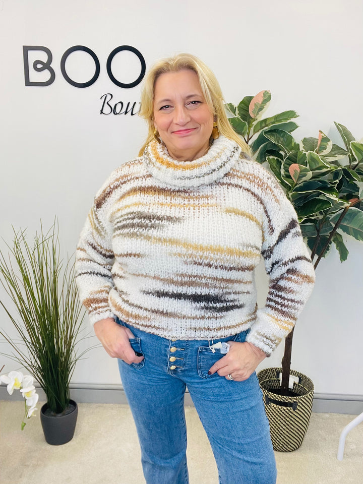 LADIES POPCORN KNIT CREAM ROLL NECK JUMPER