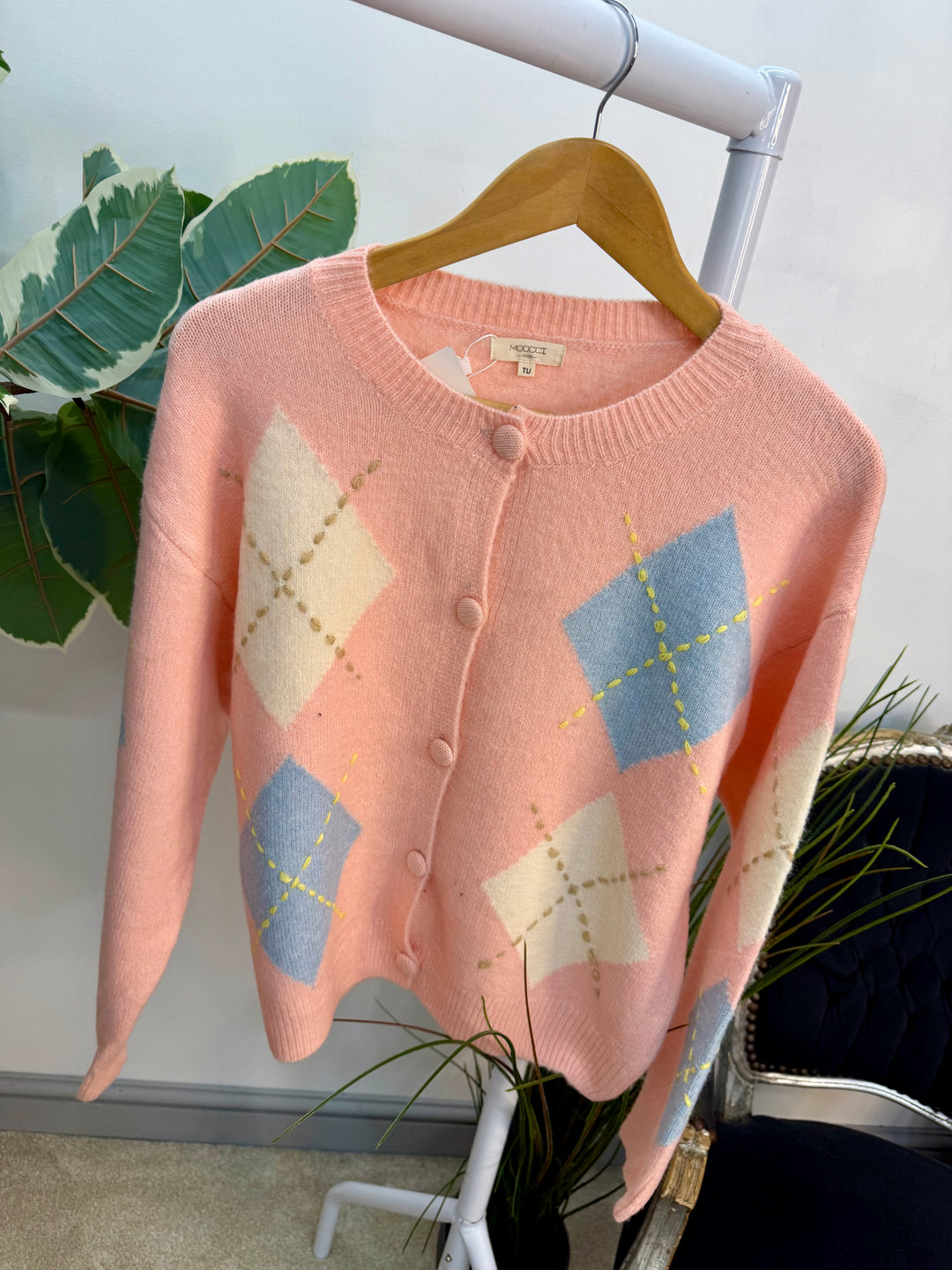 Ladies Fashion Diamond Argyle Cardigan - pink, blue & cream