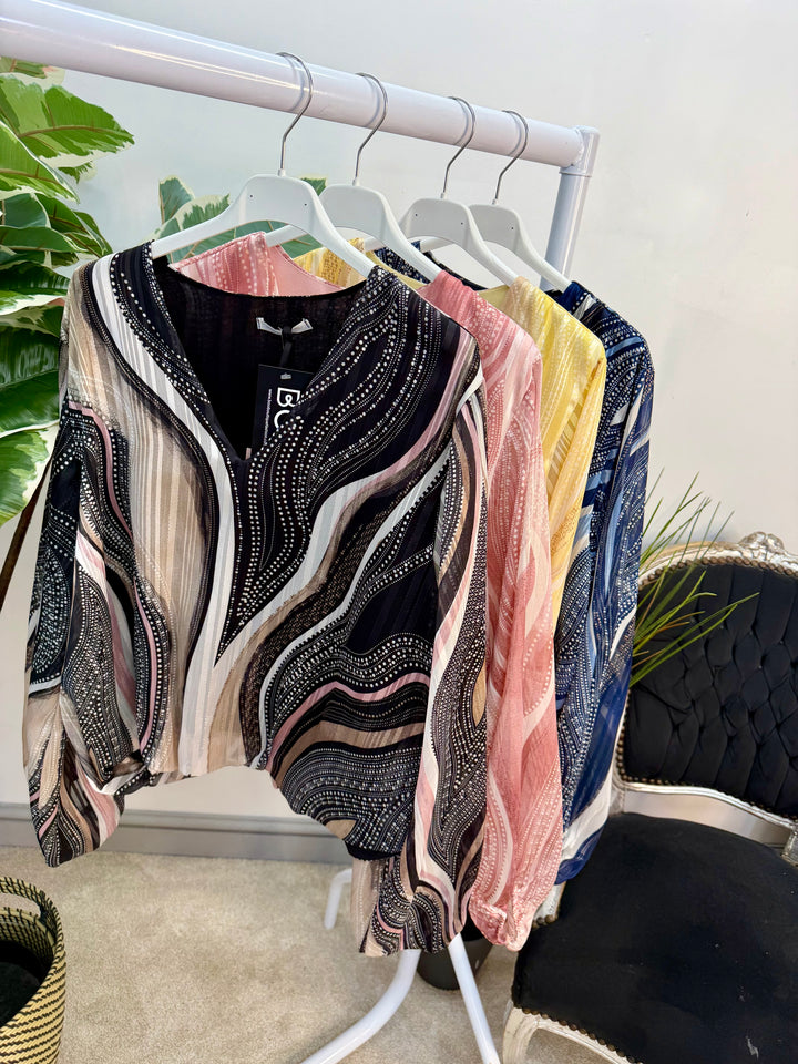 Ladies Fashion Chiffon Long Sleeve Top - black, yellow, pink & navy