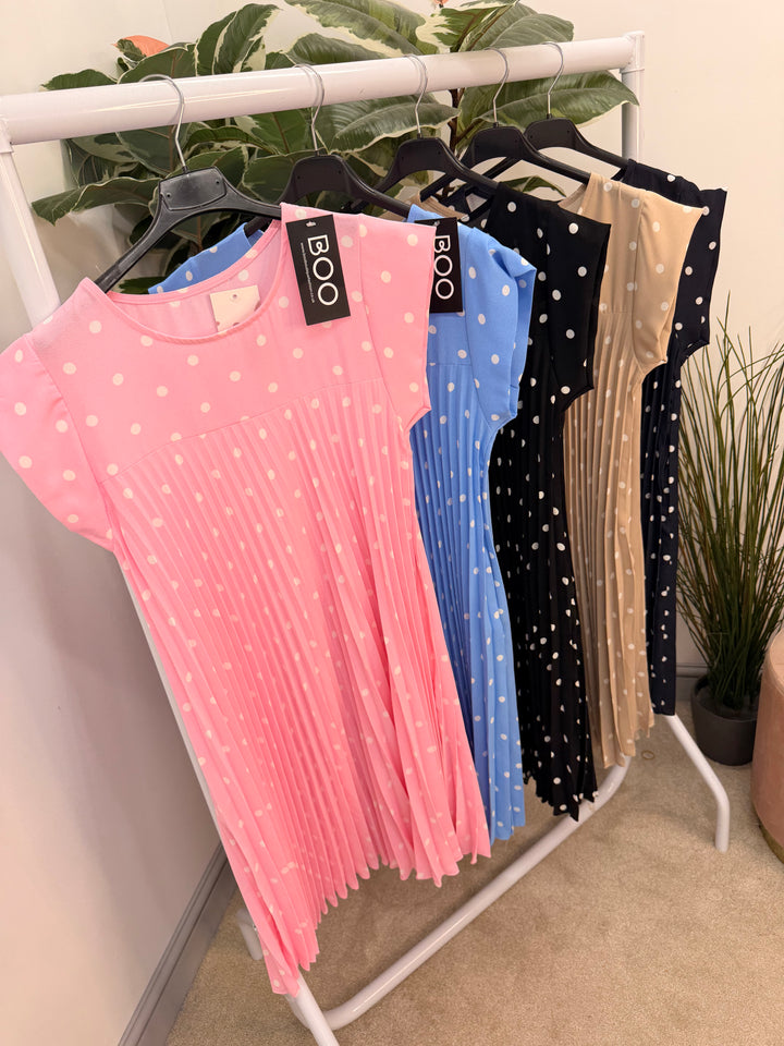 Ladies Pleated Polka Dot Midi Day Dress - black, navy, pink, blue, beige 