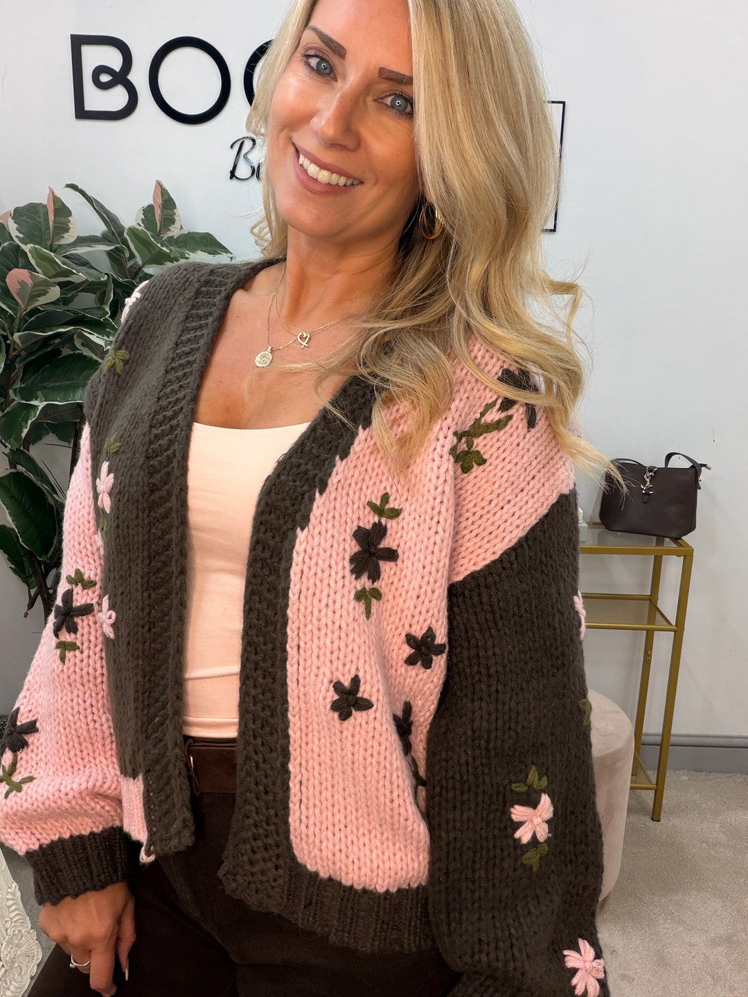 Ladies Fashion Pink & Brown Chunky Knit Cardigan