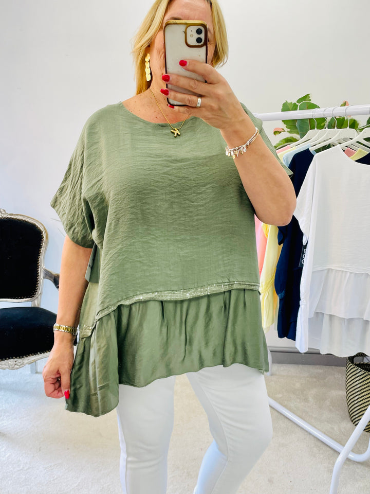 LADIES LOOSE FIT SILK EDGE LOOSE FIT SUMMER TOP - NAVY, PINK, LEMON, KHAKI, WHITE, BLUE