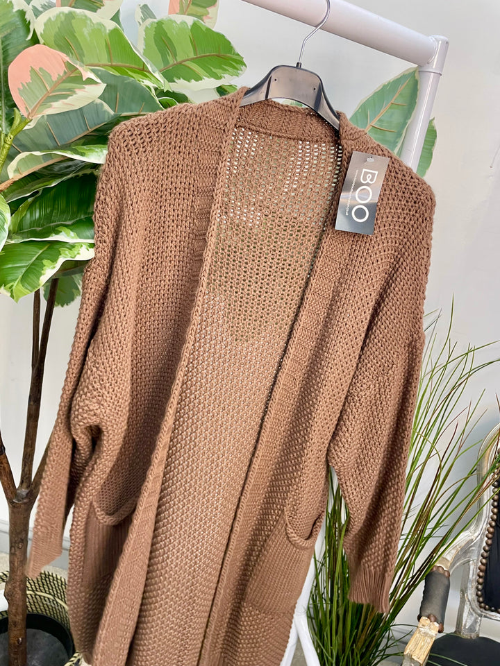 LADIES WAFFLE KNIT LONG LINE CARDIGAN - BLACK, BROWN & BEIGE