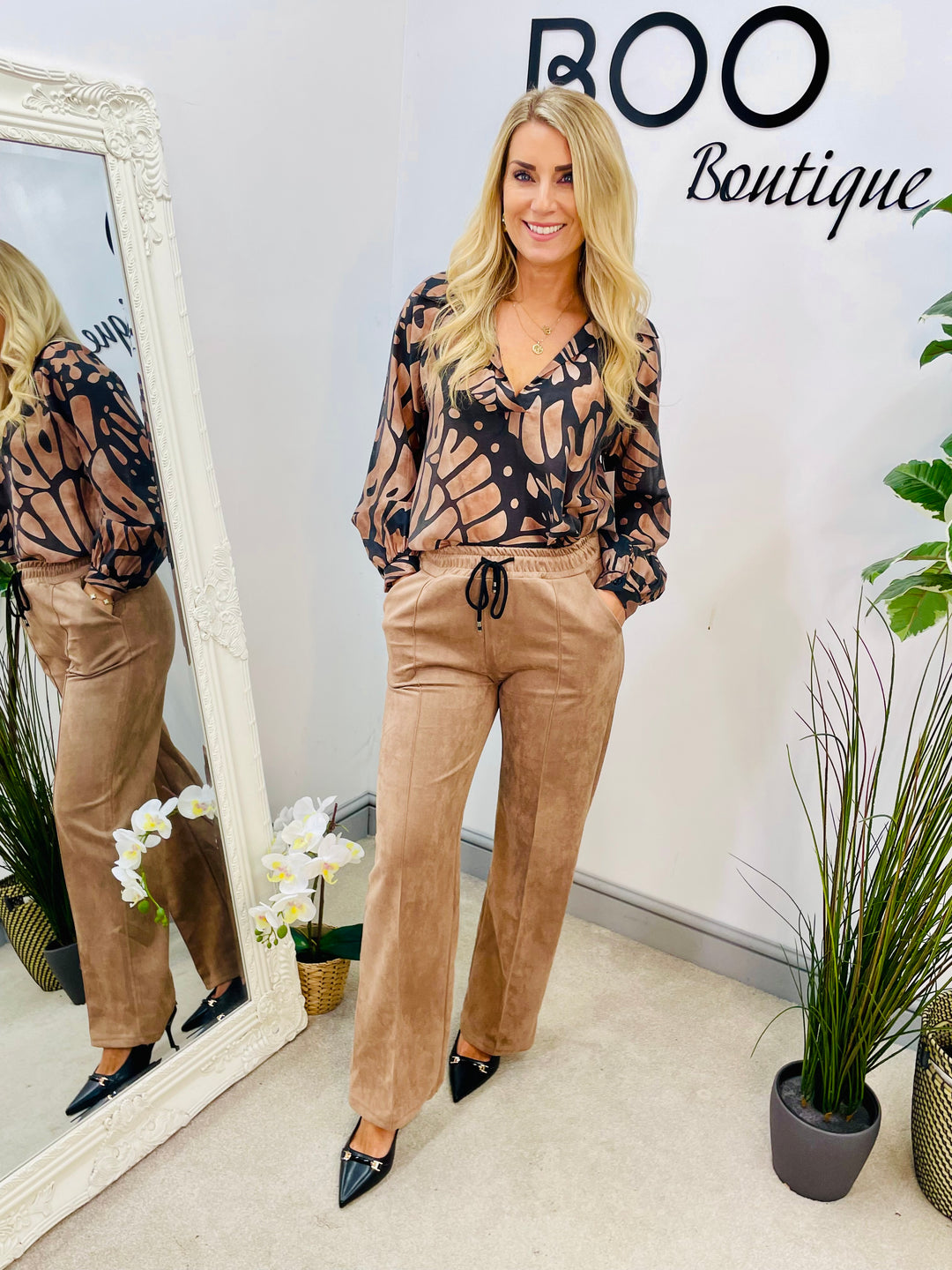 LADIES FAUX SUEDE STRAIGHT LEG TROUSERS - BROWN, CAMEL & BLACK