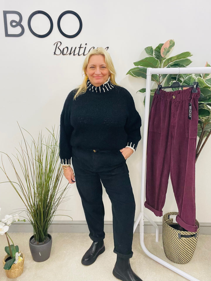 LADIES TRENDY BAGGY CORD TROUSERS - BLACK & PLUM