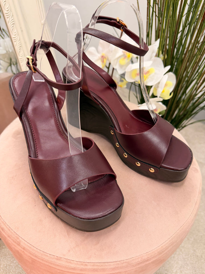Ladies Fashion High Wedge Heel Sandals Shoes - white, burgundy & camel