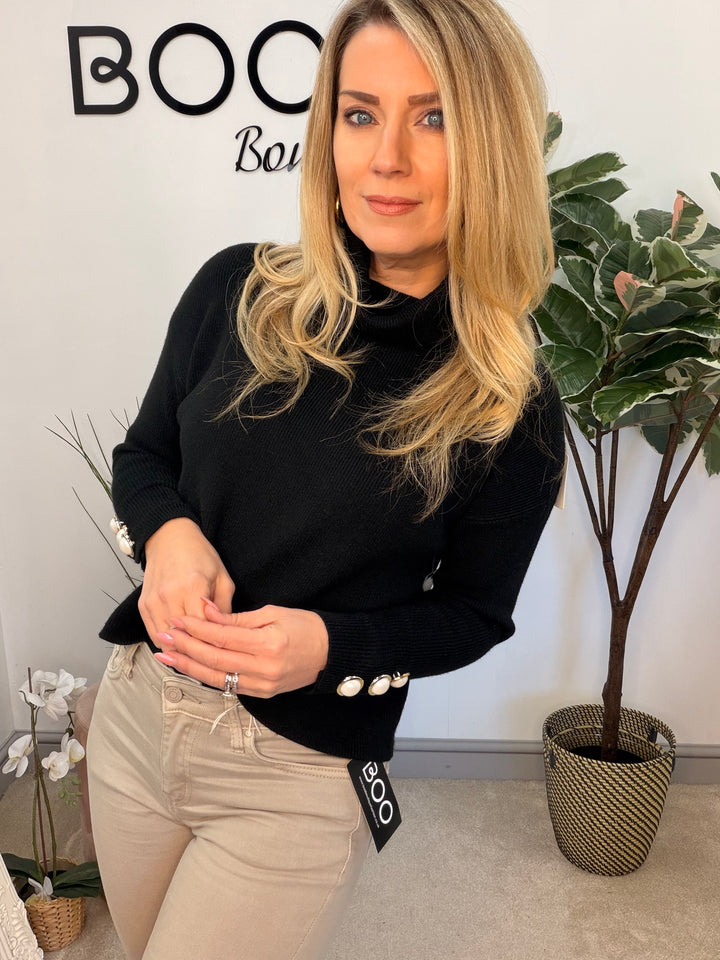 Ladies Fashion Cropped Roll Neck Jumper - black, white, blue & pink