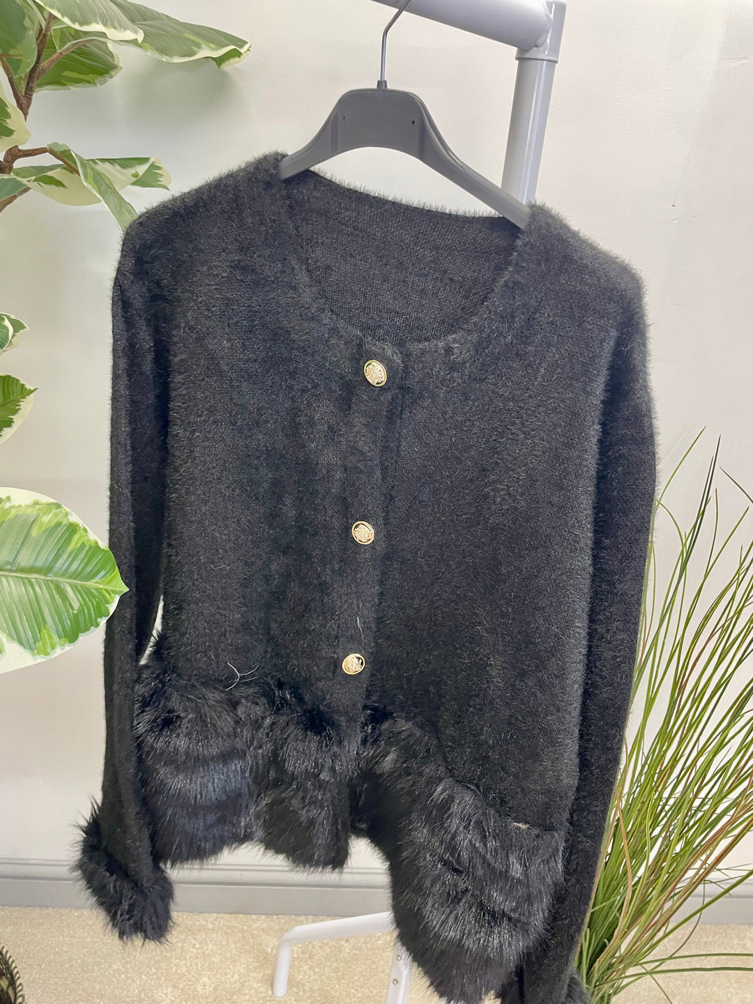 LADIES KNITTED FLUFFY FAUX FUR CARDIGAN - CAMEL, CREAM & BLACK