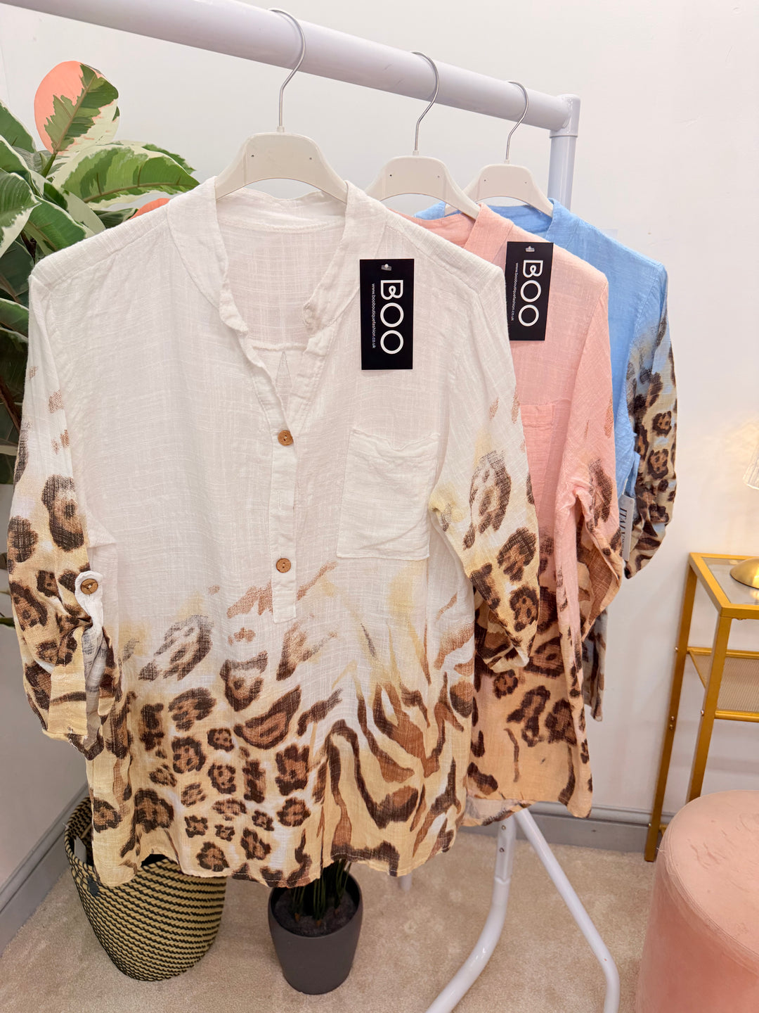 Ladies Light Linen Animal Print Grandad Shirt Top - White, Pink & Blue