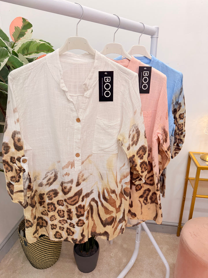 Ladies Light Linen Animal Print Grandad Shirt Top - White, Pink & Blue