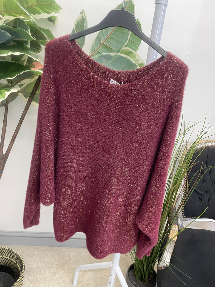 LADIES LUREX BATWING JUMPER - BLACK, BERRY, BROWN