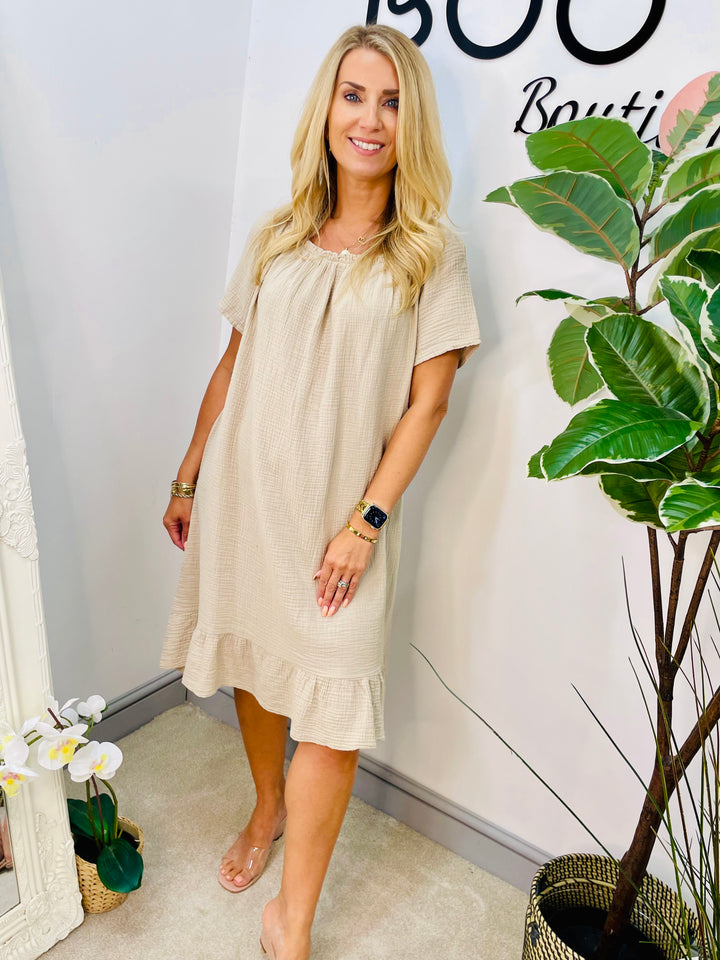 LADIES CHEESECLOTH SUMMER BARDOT MIDI DRESS - NAVY, WHITE, KHAKI, PINK, BLUE