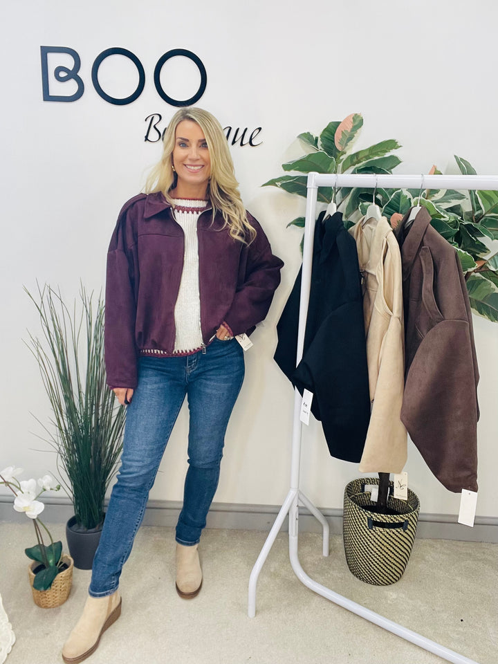 LADIES FASHION FAUX SUEDE BOMBER JACKET - BLACK, BEIGE, BROWN & BURGUNDY WINE