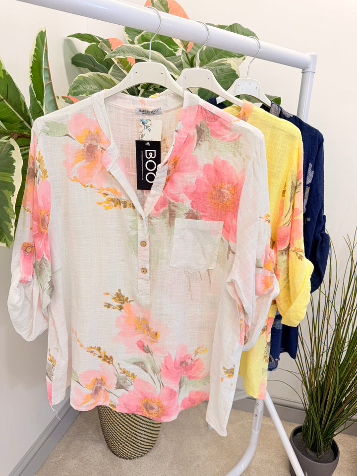 Ladies Floral Print Light Linen Grandad Shirt Top - White, Navy & Lemon