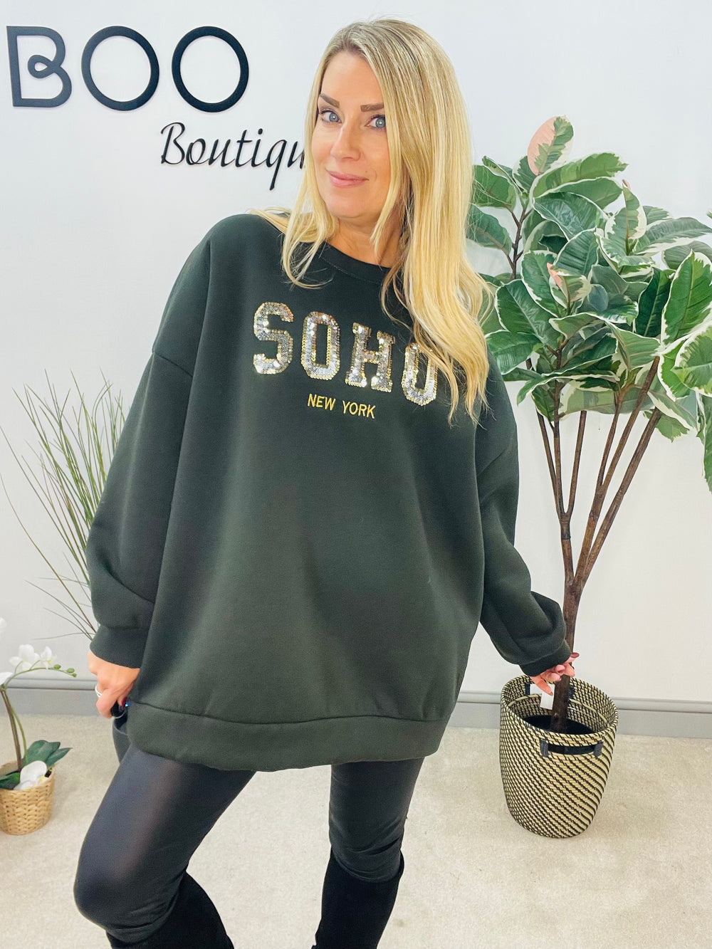 LADIES OVERSIZE SEQUIN SWEATSHIRT - KHAKI & BLACK, BROWN