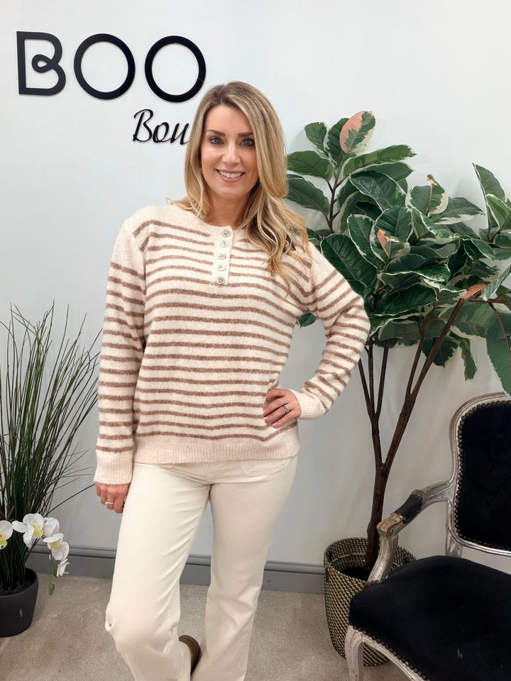 LADIES SOFT KNIT STRIPE GRANDAD JUMPER - LEMON, PINK, BLUE & BEIGE