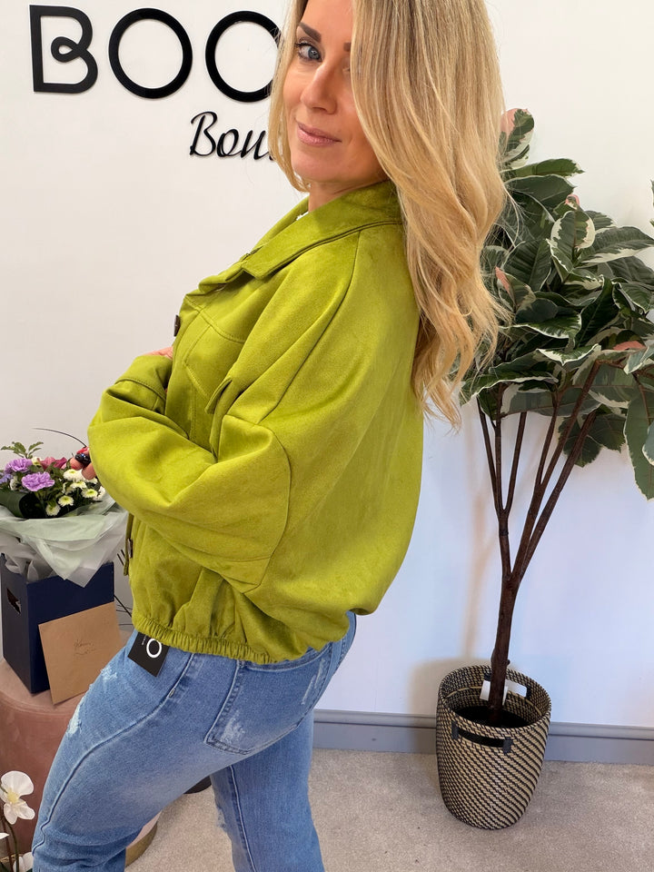 Ladies Fashion Faux Suede Bomber Jacket - camel, brown & lime