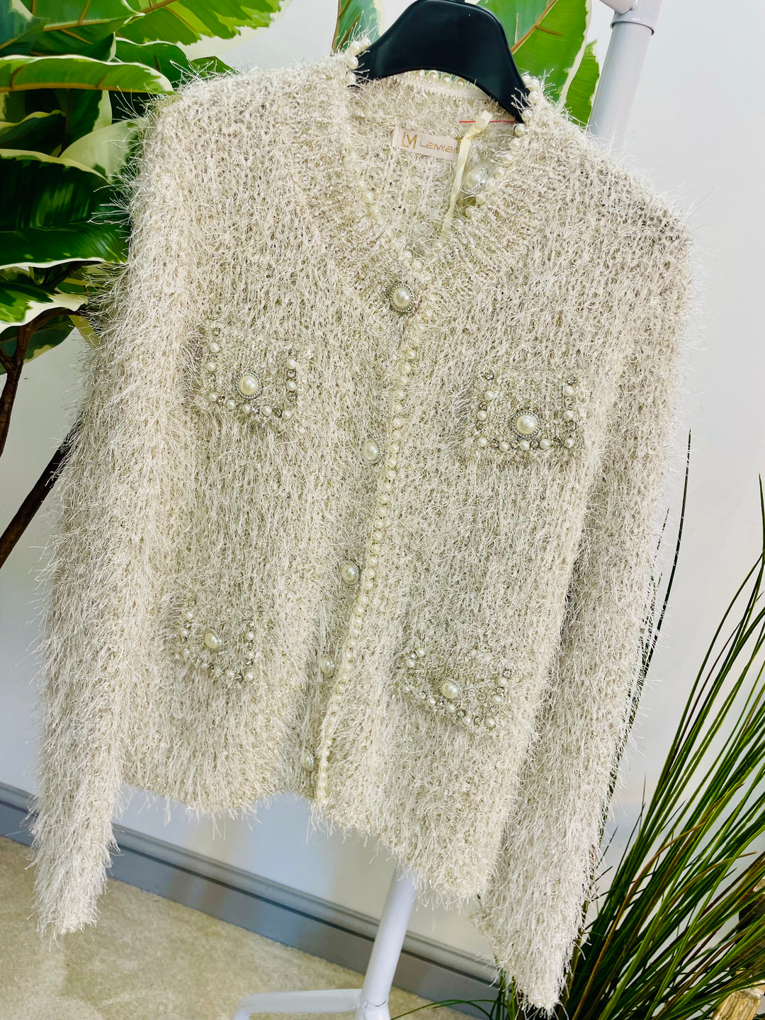 LADIES DESIGNER INSPIRED FLUFFY LUREX CARDIGAN - BEIGE & BLACK