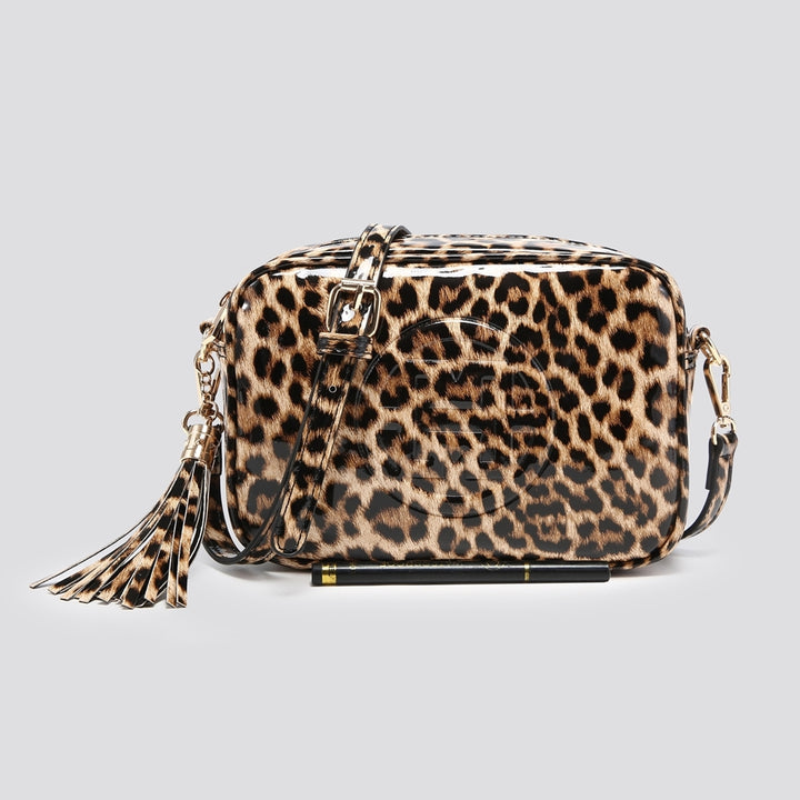 PATENT LEOPARD PRINT CAMERA BAG