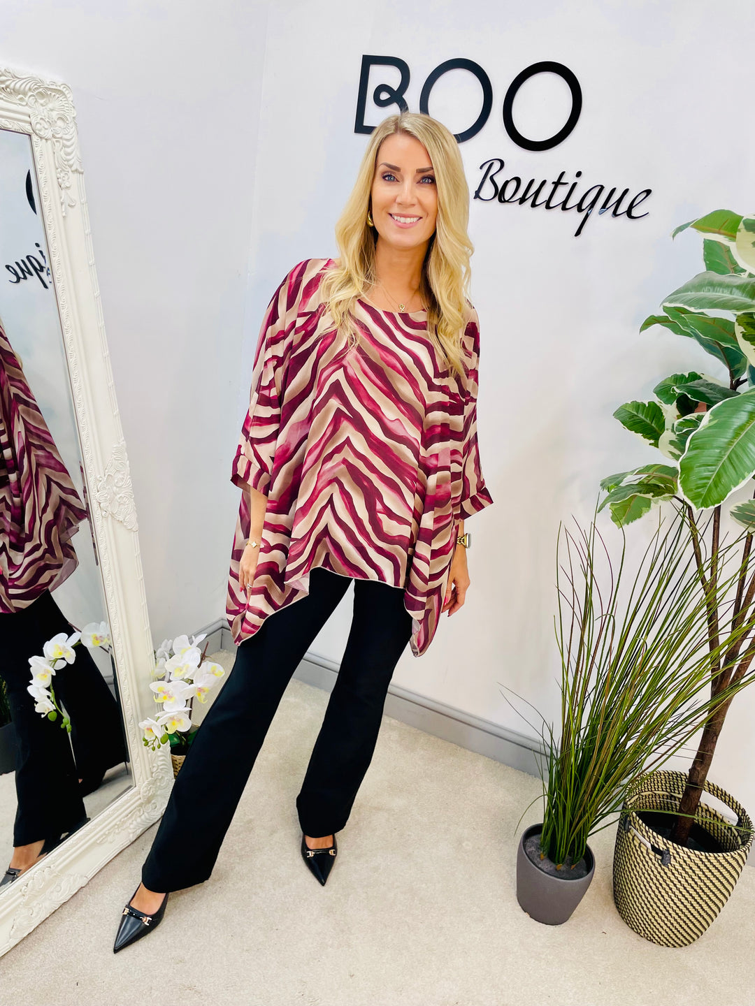 LADIES ZEBRA PRINT CHIFFON FLOATY TOP BLOUSE - GREEN, BLACK & BURGUNDY