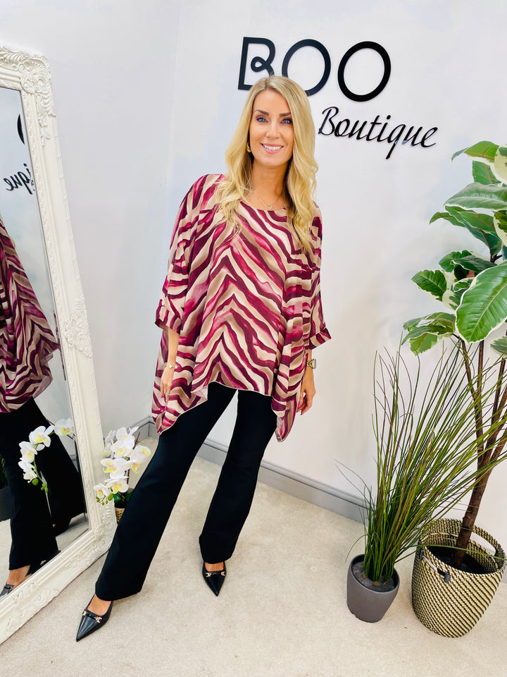 LADIES ZEBRA PRINT CHIFFON FLOATY TOP BLOUSE - GREEN, BLACK & BURGUNDY