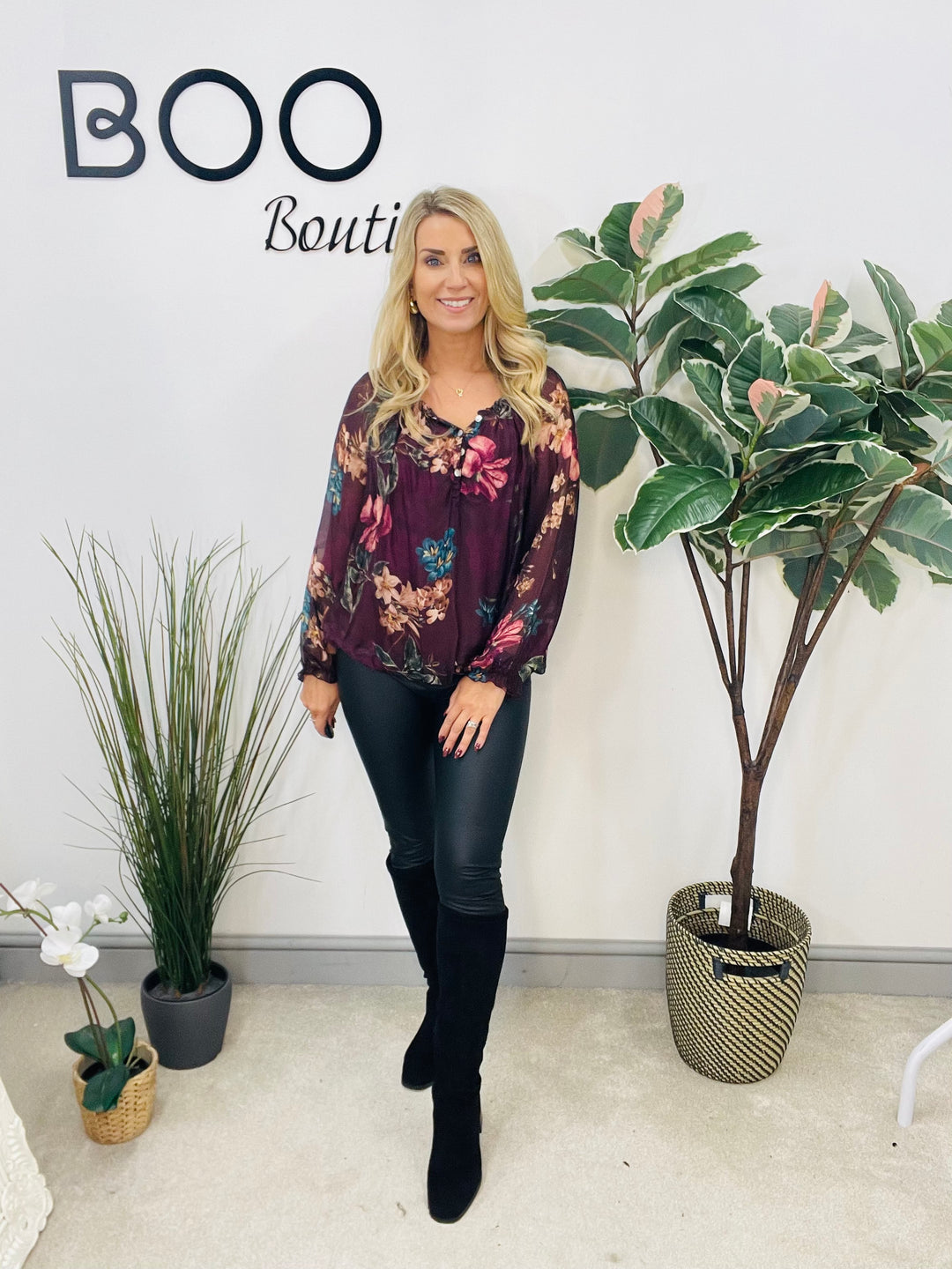 LADIES CHIFFON FLORAL PRINT BLOUSE - BROWN, NAVY, BLACK & WINE BURGUNDY