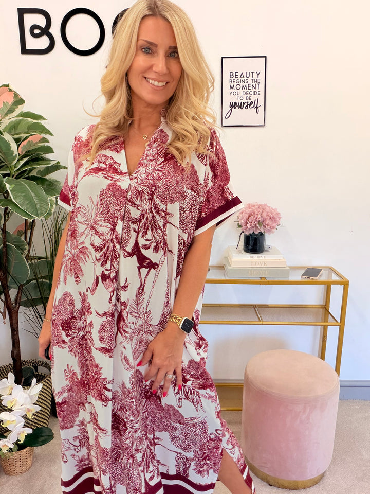 Ladies Jungle Print Loose Fit Summer Maxi Dress - Wine, Brown & Denim Blue