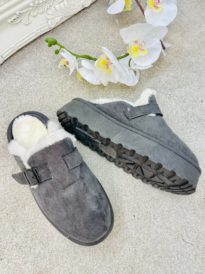 LADIES WOMENS GREY FAUX FUR FLATFORM SLIPPER SLIDER SHOES