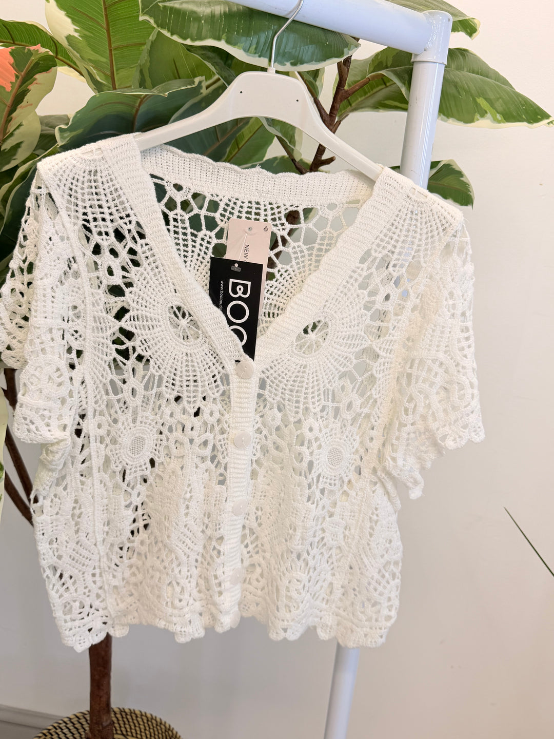 Ladies Crochet Bolero Cardigan - Beige, Black & White