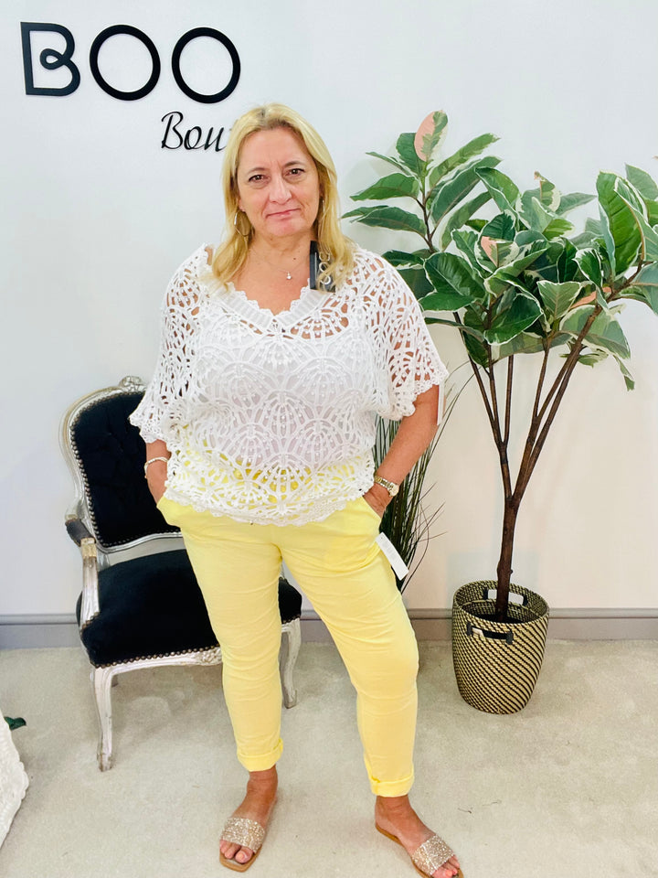 LADIES WOMENS LEMON YELLOW CRINKLE STRETCH CASUAL MAGIC TROUSERS