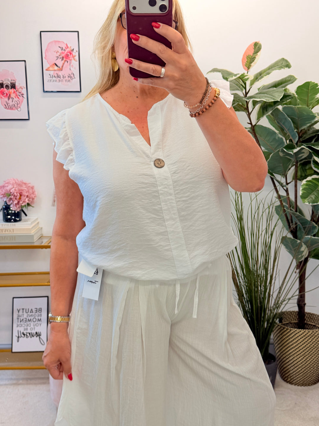 Ladies Frill Sleeve Grandad Top - Blue, Pink, Brown, White, Black & Mocha