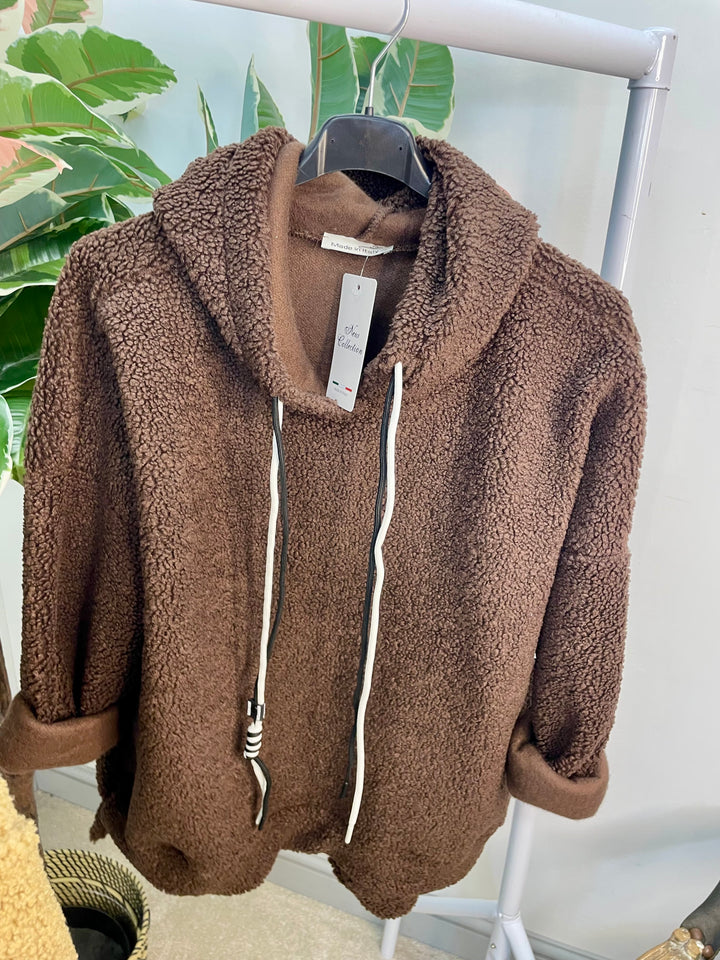 LADIES BOUCLE HOODIE TOP - BLACK, WHITE, CAMEL & BROWN