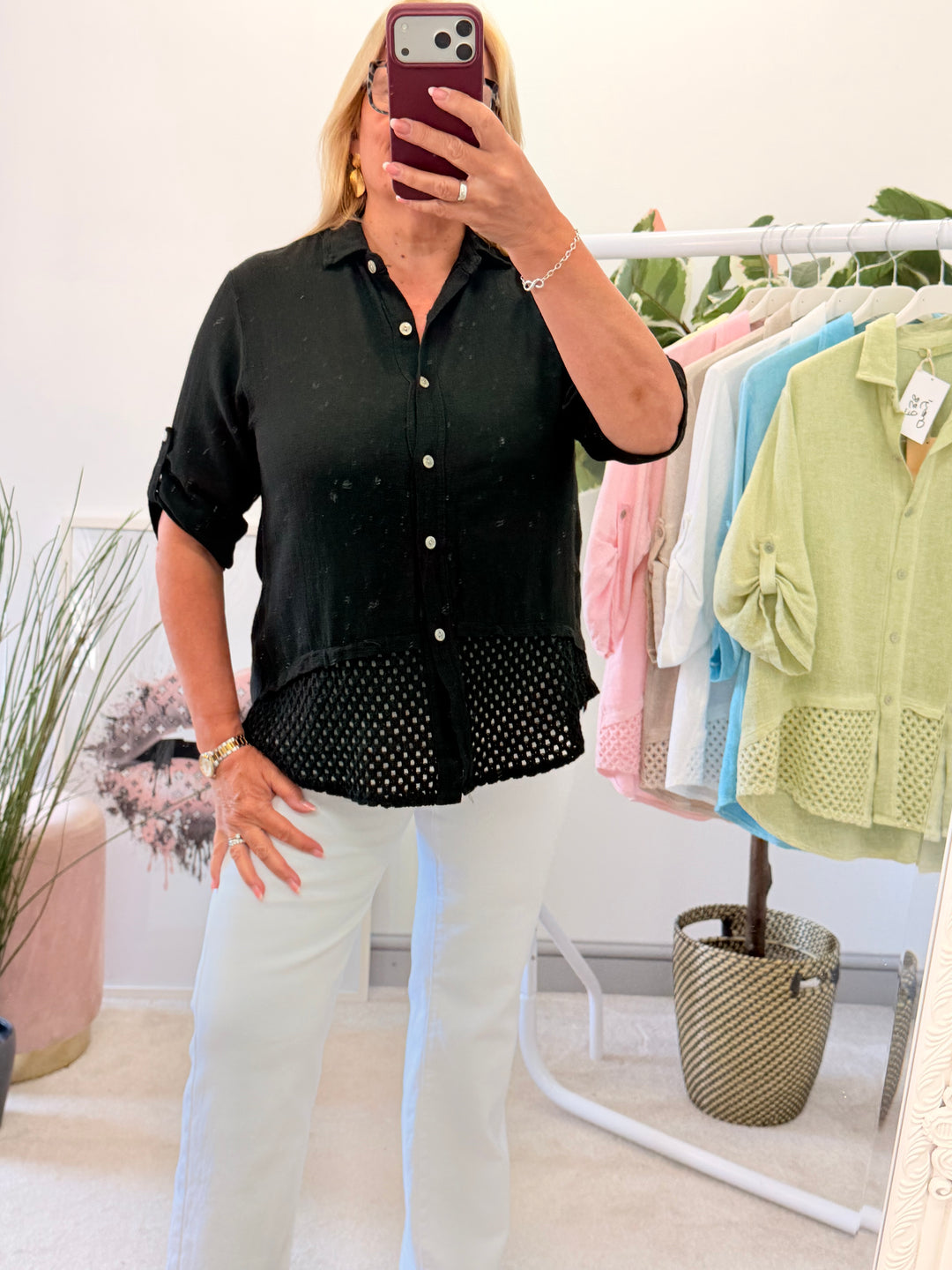 Ladies Teabag Linen Crochet Shirt Top black