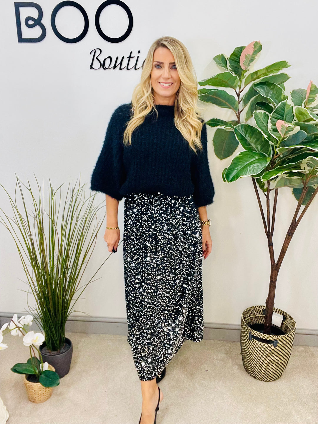 LADIES SEQUIN MAXI SKIRT - BLACK & SILVER