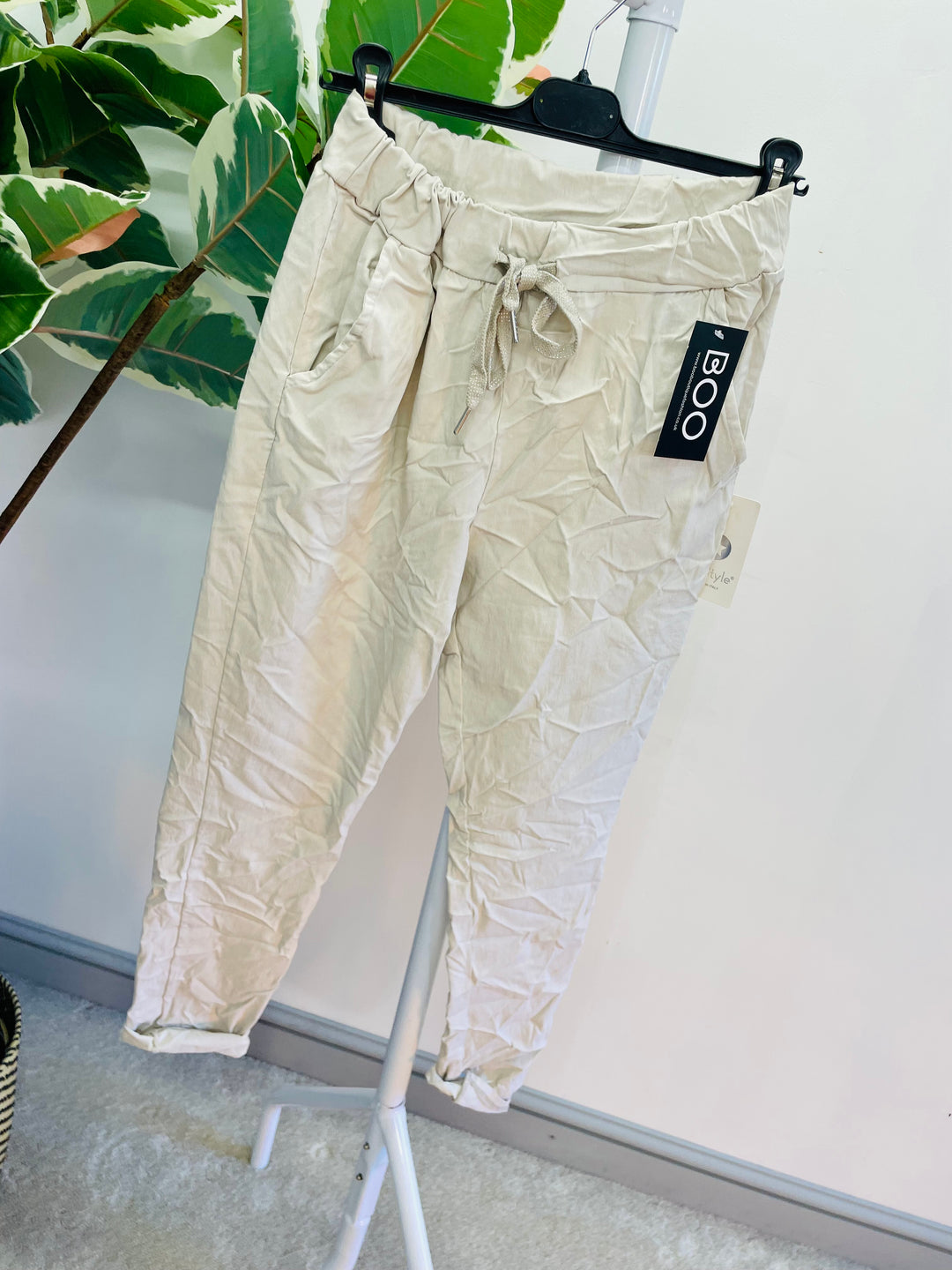 LADIES WOMENS LIGHT BEIGE CRINKLE STRETCH CASUAL MAGIC TROUSERS