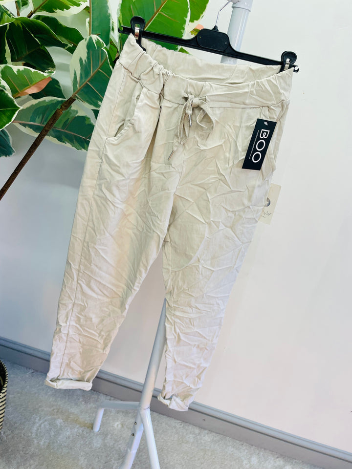 LADIES WOMENS LIGHT BEIGE CRINKLE STRETCH CASUAL MAGIC TROUSERS