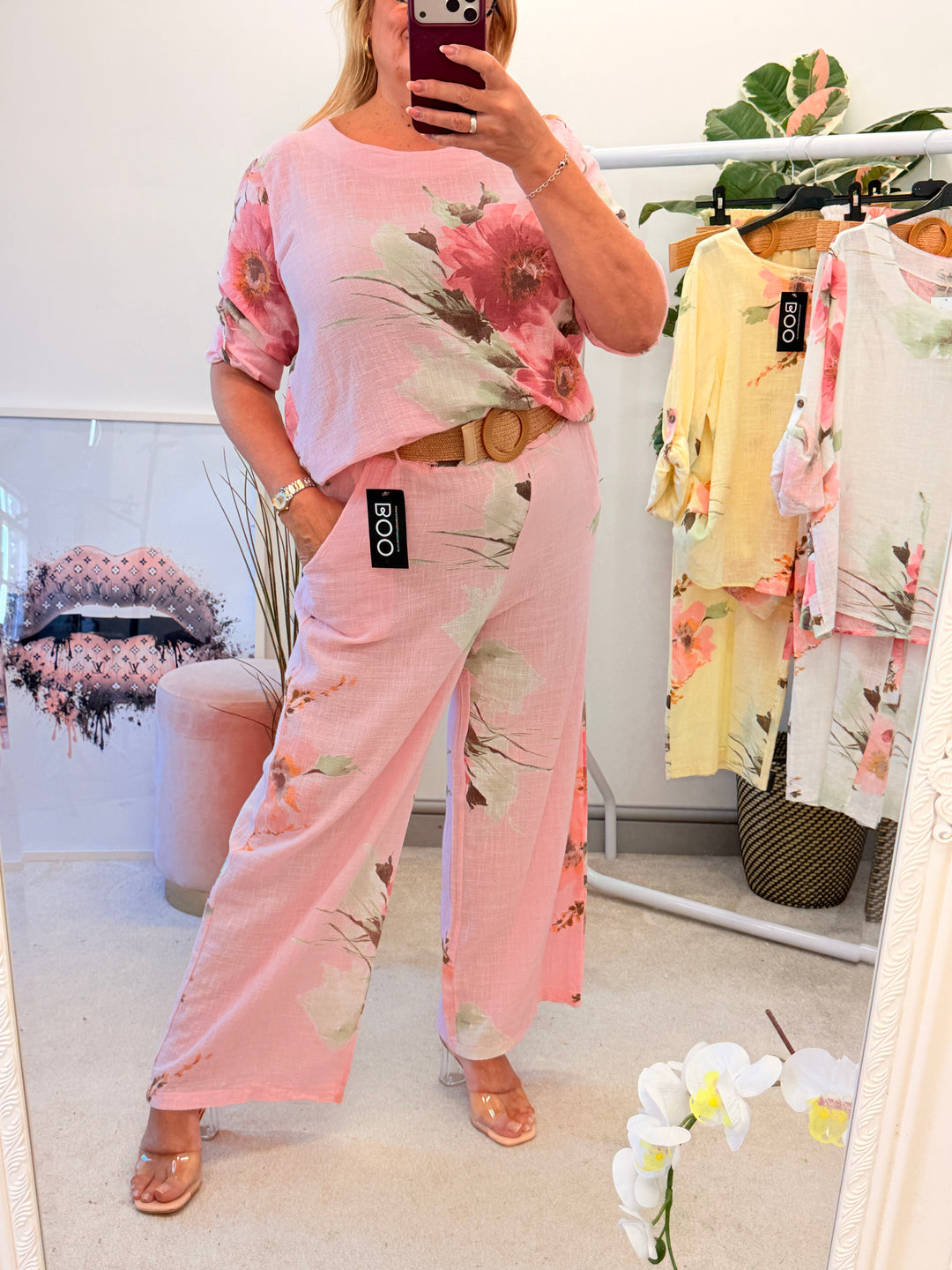 Ladies Fashion Flower Print Light Linen Wide Leg Trousers - White, Pink & Lemon