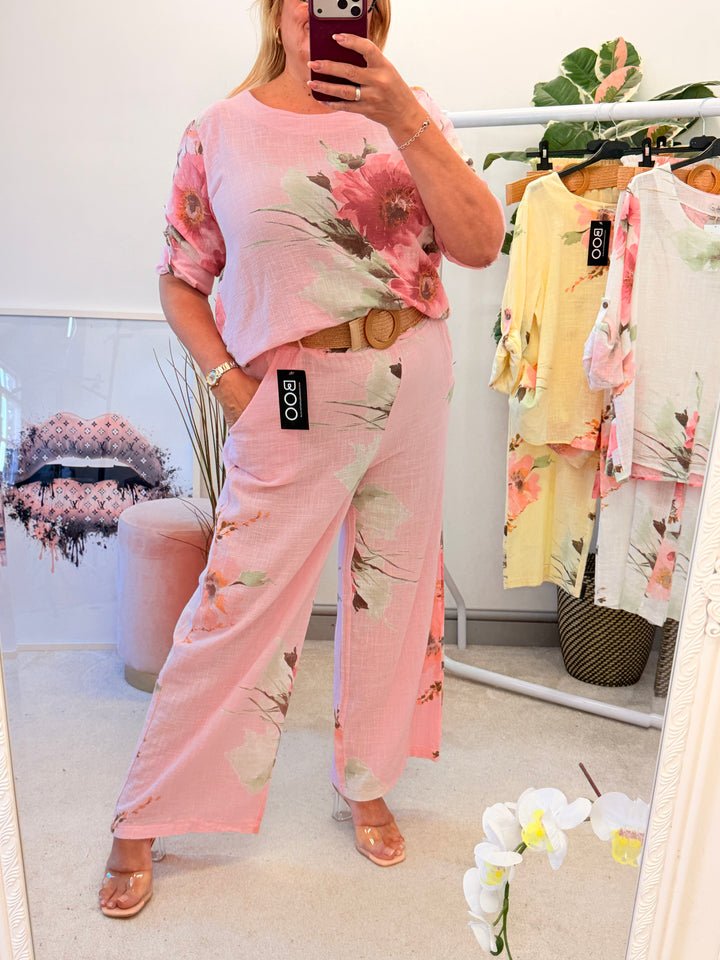 Ladies Fashion Flower Print Light Linen Wide Leg Trousers - White, Pink & Lemon