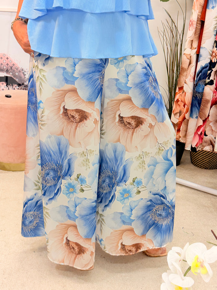 Ladies Satin Flower Print Wide Leg Trousers - Rust, Khaki, Pale Blue, Navy & Black