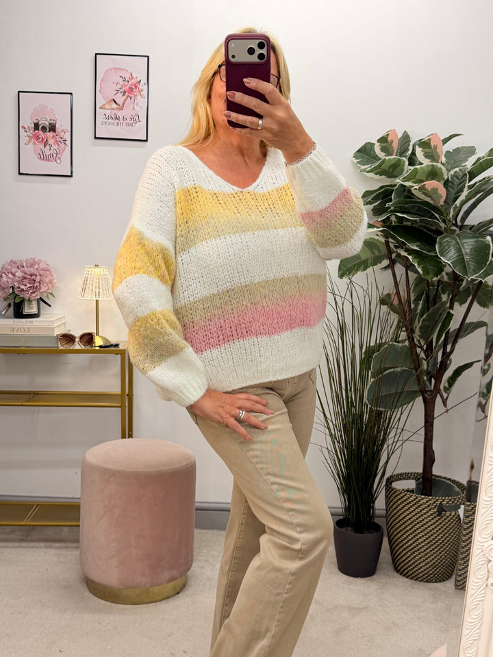 Ladies Fashion Stripe Slouch Chunky Knit Jumper - Mocha, Grey & Beige