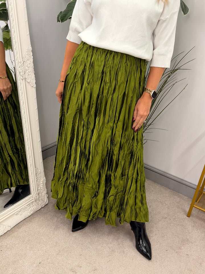 Ladies Fashion Satin Crinkle Maxi Skirt - Black, Navy, Brown, Khaki & Lime